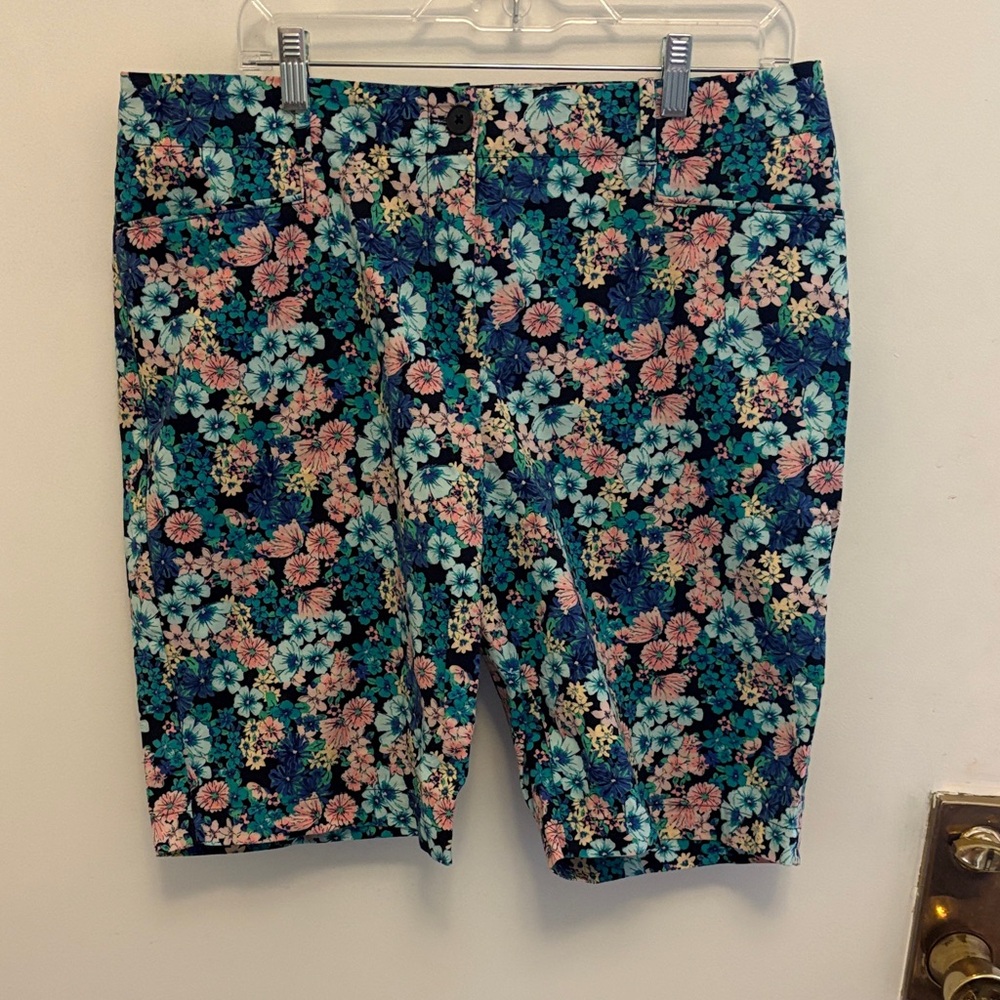 Talbots Navy Floral Print Shorts with Teal and Pink Accents